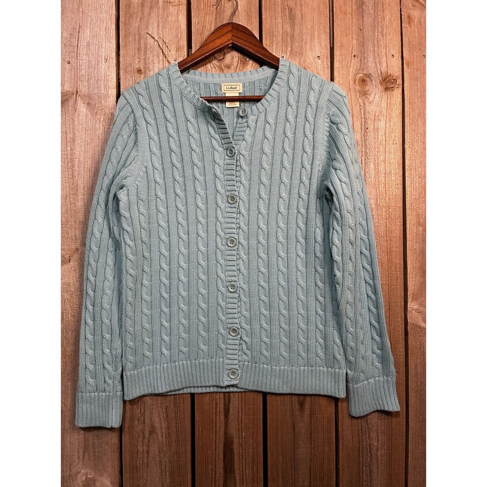 LL Bean Womens Blue 100% Cotton Cable Knit Button Front Cardigan Sweater M